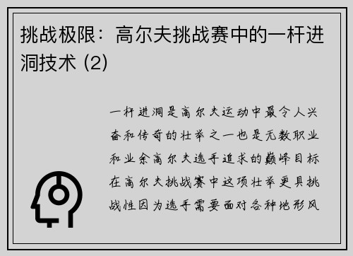 挑战极限：高尔夫挑战赛中的一杆进洞技术 (2)